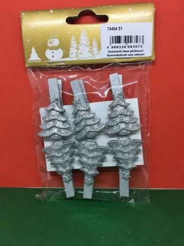 Újdonság Csipesz fenyőfa ezüst csillámos 4.5cm