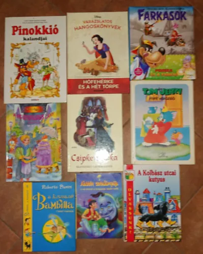 Népszerű 9 klasszikus, színes gyerekkönyv: Tom és Jerry mint varázsló, Hófehérke és a hét törpe, Pinokkió, A kis gyufaárus lány, Csipkerózsika, Kolbász utcai kuyus, Piroska és a farkas, Bambilla, Aladdin csodalámpája