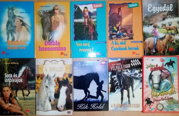 (10db) Ifjúsági lovaglóregények könyvcsomag: Diablo, álmaim lova / Diablo hasonmása / Telivér: Van még remény? / Telivér: A ló, akit csodának hívnak / Egyedül / Sara és a lótolvajok / A bosszú / Kék hold / A rakoncátlan csikó / I Végkiárusítás