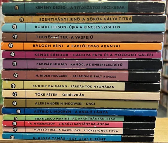 Vásárlói kedvenc 64 db Delfin könyv: A titokzatos kecskebak, A görög gálya titka, Újra a kincses szigeten, A vasfejű, A rablólovag aranyai, Hadova papa és a mozdony galeri, Kanóc, az emberszelidítő, Salamon király kincse, Sárkányok nyomában, Óriásvil