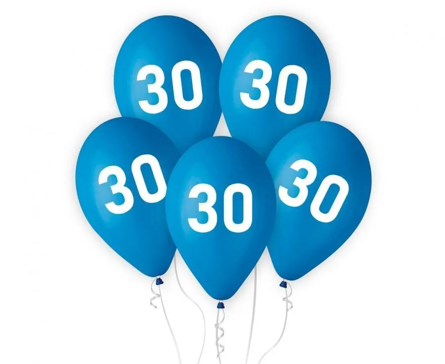 Újdonság Kék Happy Birthday 30 Blue léggömb, lufi 5 db-os 12 inch (30cm)