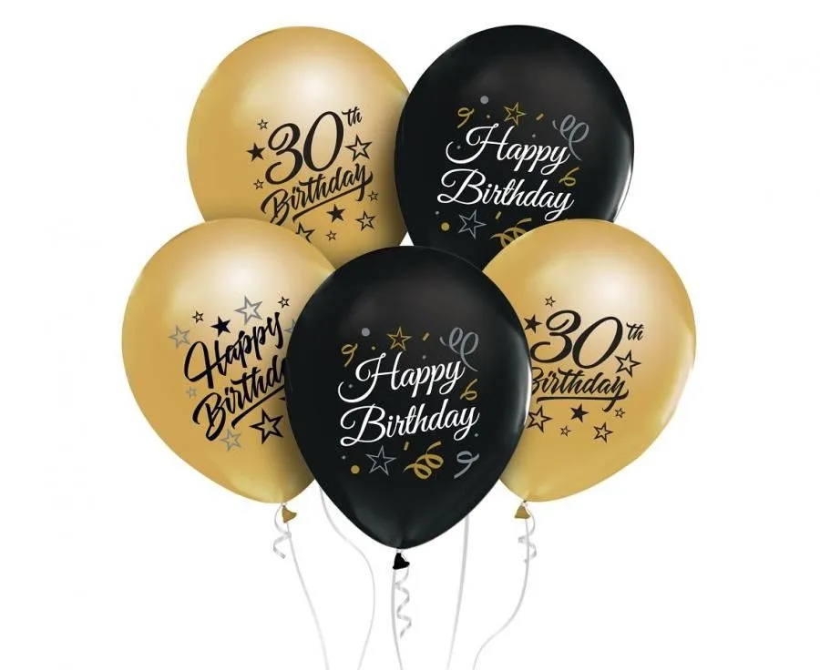 Színes Happy Birthday 30 Gold-Black léggömb, lufi 5 db-os 12 inch (30 cm) Alacsony ár