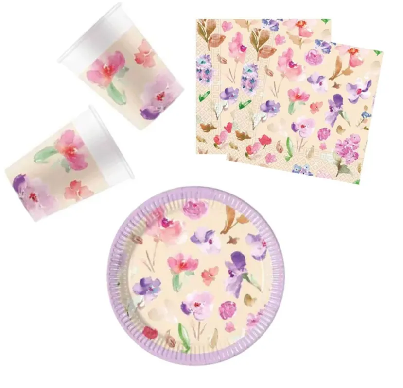 Watercolor Flowers, Virág party szett 36 db-os 20 cm-es tányérral Kihagyhatatlan ajánlat