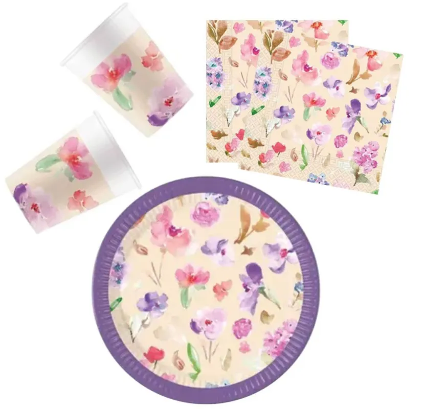 Watercolor Flowers, Virág party szett 36 db-os 23 cm-es tányérral Szuper ajánlat