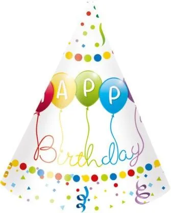Újdonság Happy Birthday Streamers parti kalap, csákó 6 db-os