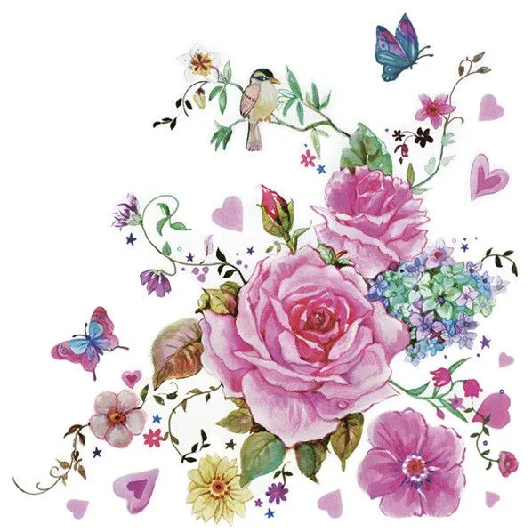 Virág Drawn Roses with Butterflies szalvéta 20 db-os 33x33 cm Azonnali szállítás